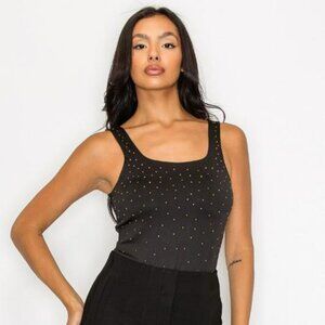 Womeen Rhinestones Scoop-Cut Back Sleeveless Bodysuit/Fashion - Black